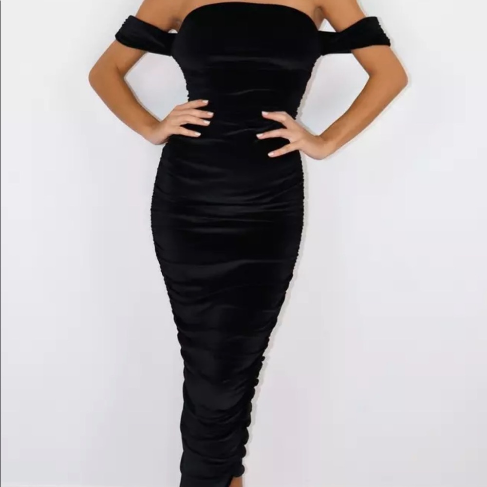 Missguided black velvet bardot ruched midaxi dress